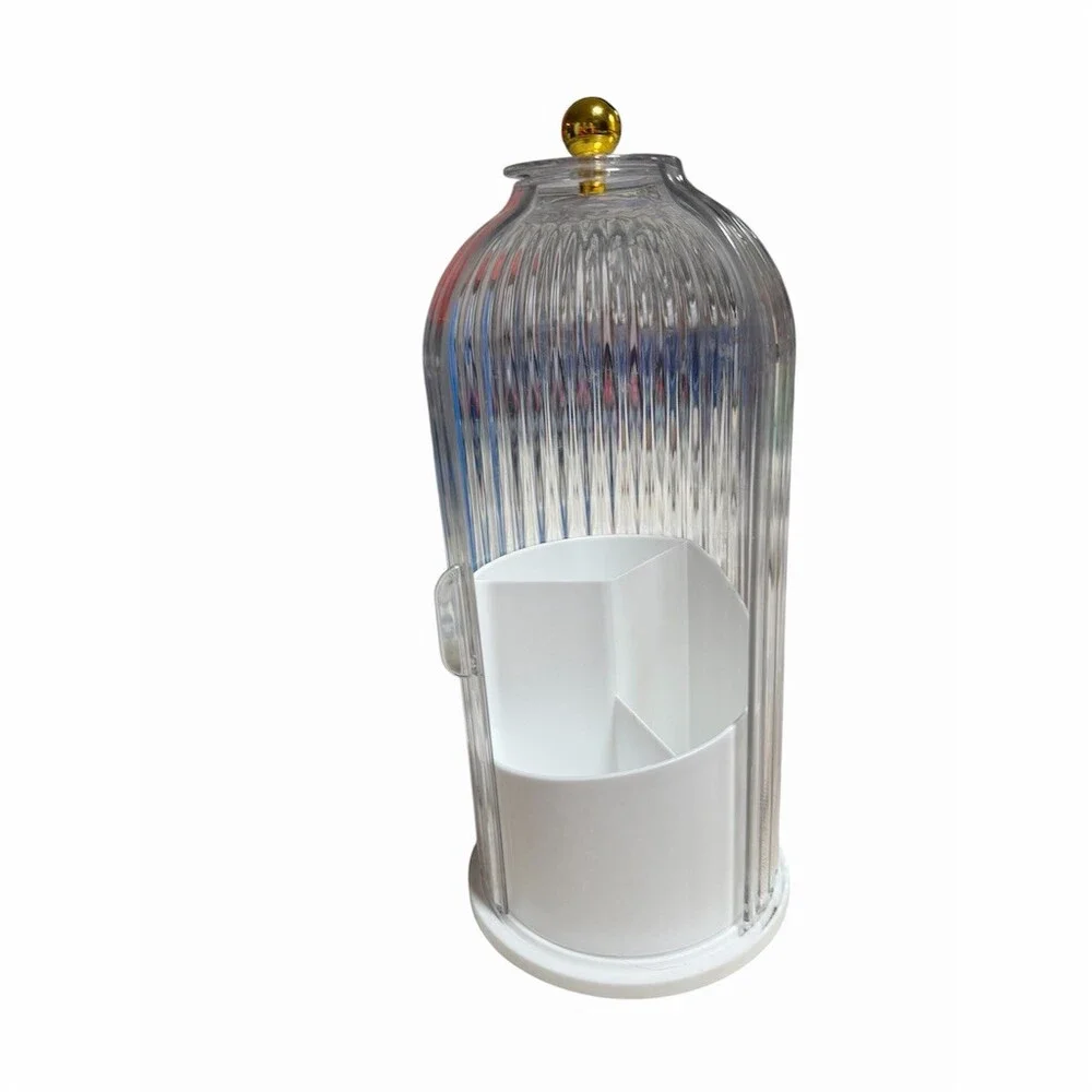 Clear Ribbed Makeup Organizer Jar with Lid Gold Knob 3-Compartment Insert